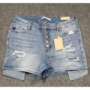 KanCan  Womens 14 High Rise Light Wash Distressed Denim‎ Shorts Blue Boho Button